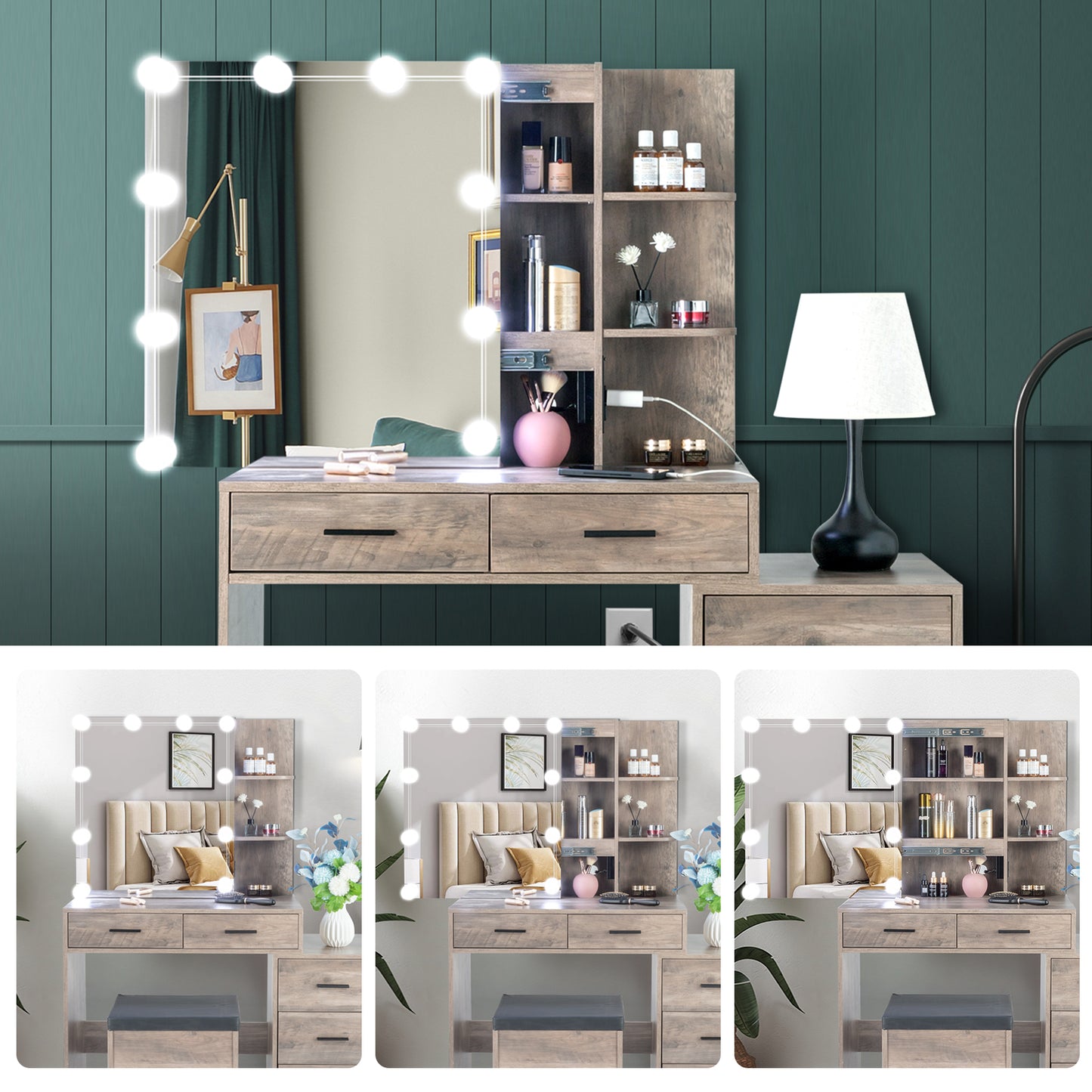 FCH Particleboard Triamine Veneer 5 Pumps 2 Shelves Mirror Cabinet Three Dimming Light Bulb Dressing Table Set Grey