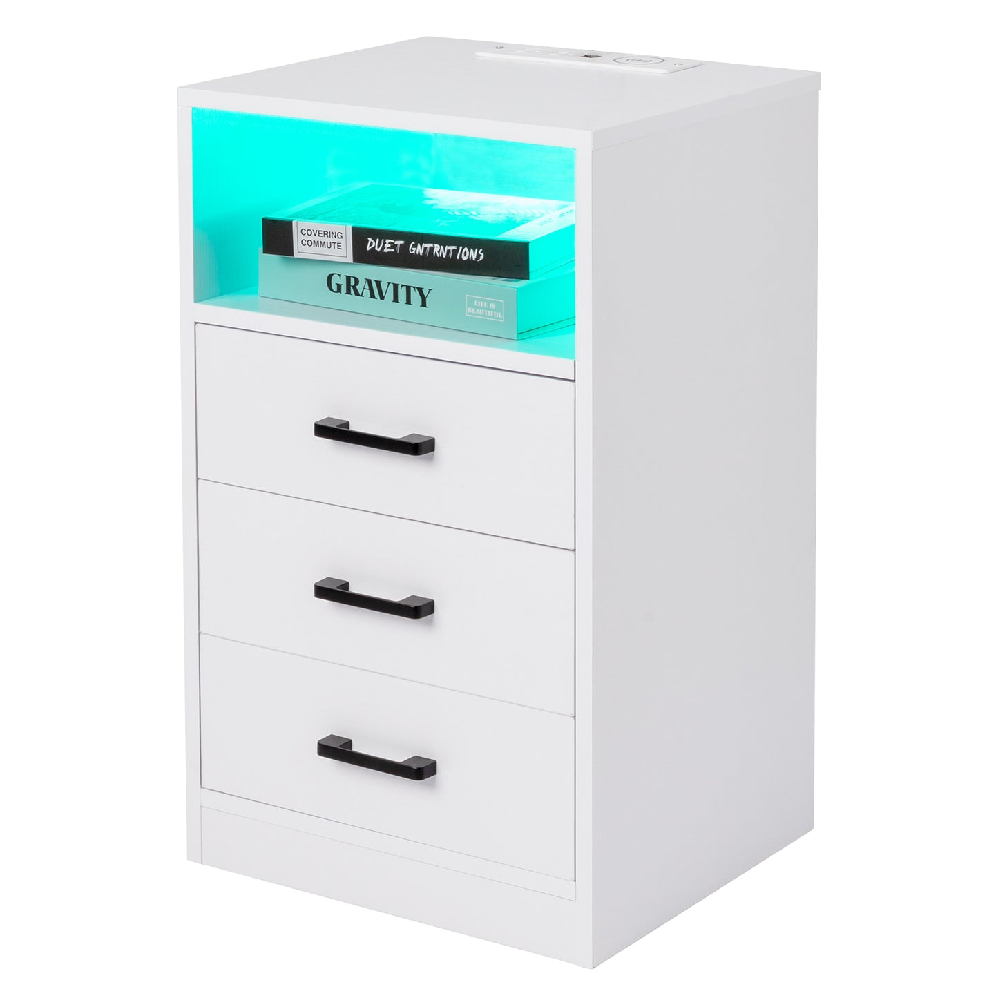 FCH 40*35*65cm Particleboard Pasted Triamine Three Drawers With Socket With LED Light Bedside Table White