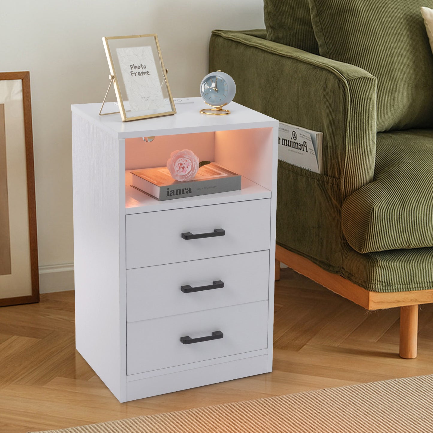 FCH 40*35*65cm Particleboard Pasted Triamine Three Drawers With Socket With LED Light Bedside Table White