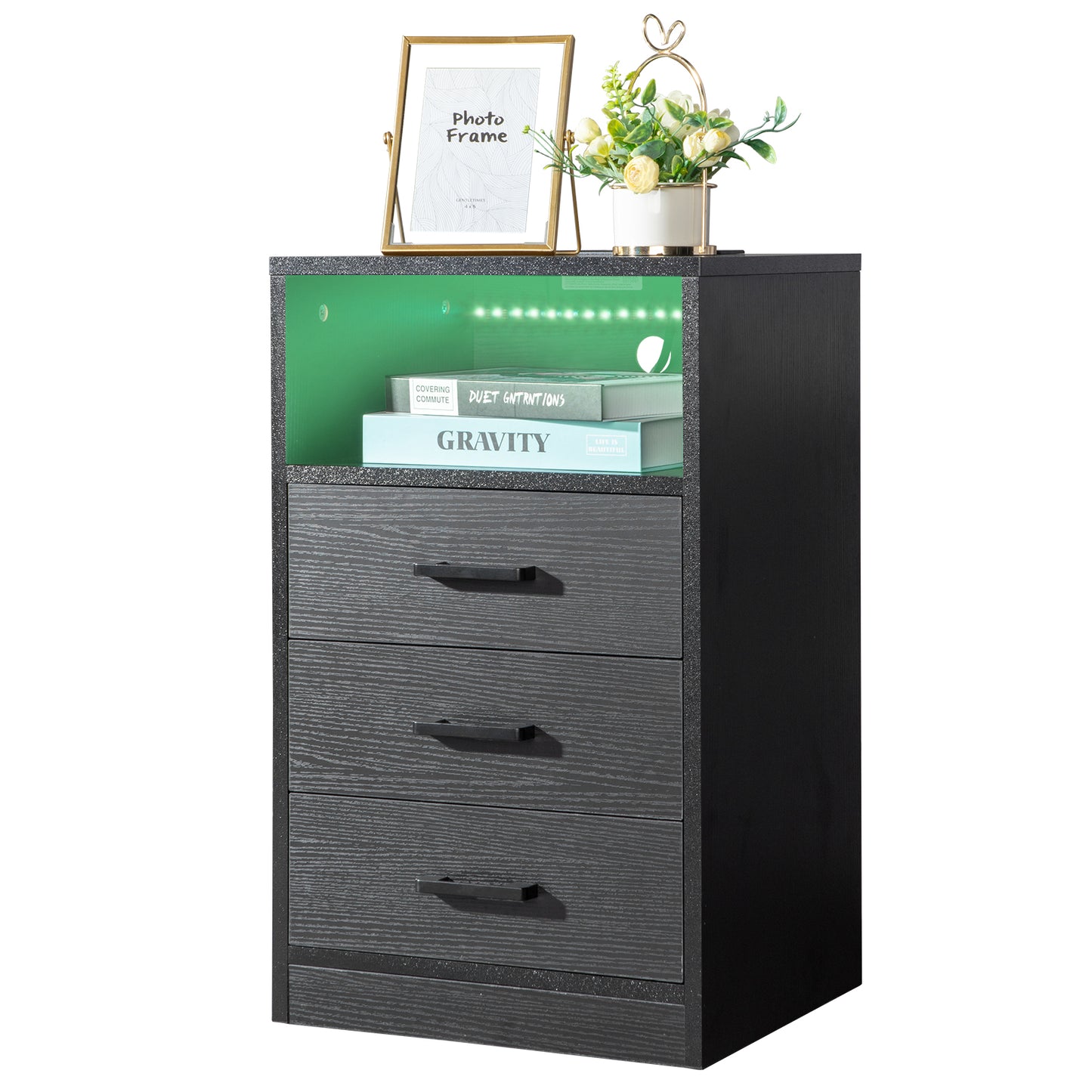 FCH 40*35*65cm Particleboard Pasted Triamine Three Drawers With Socket With LED Light Bedside Table Black