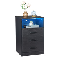 FCH 40*35*65cm Particleboard Pasted Triamine Three Drawers With Socket With LED Light Bedside Table Black