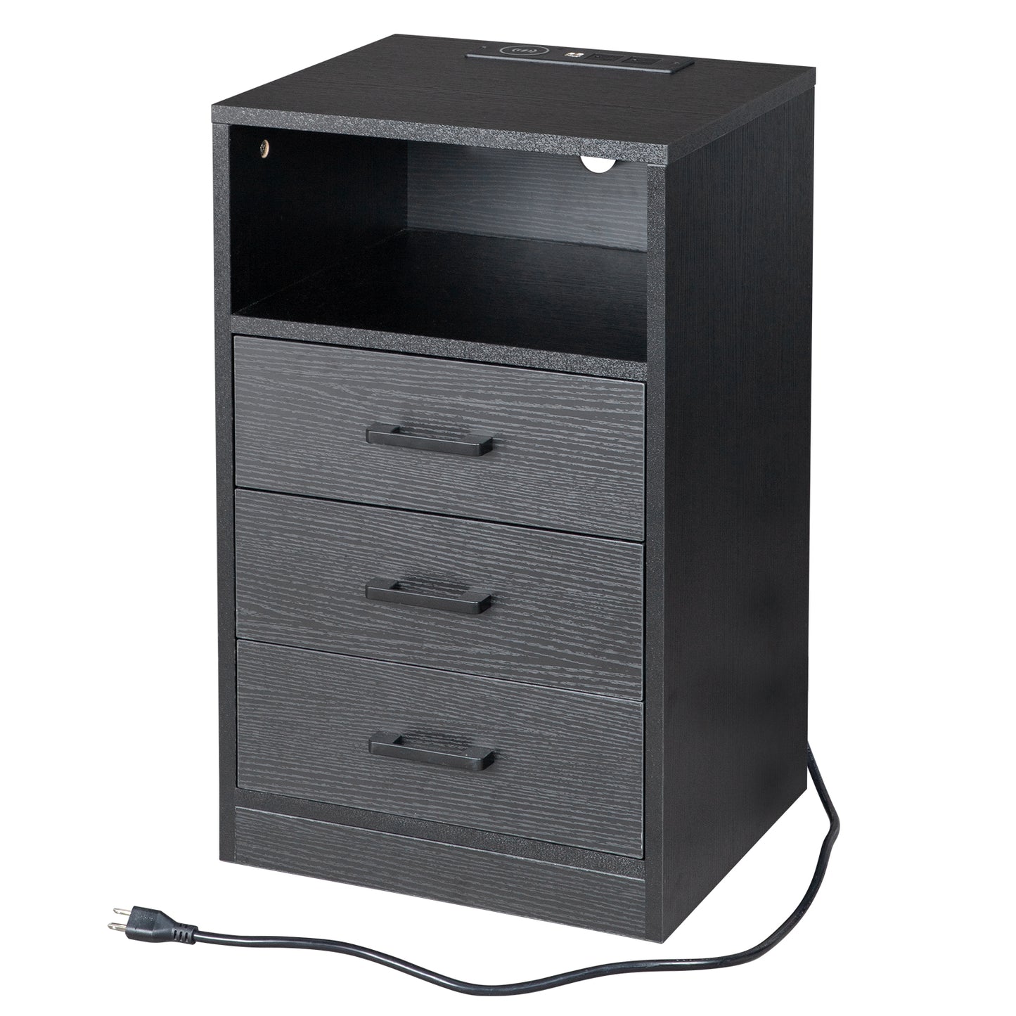 FCH 40*35*65cm Particleboard Pasted Triamine Three Drawers With Socket With LED Light Bedside Table Black