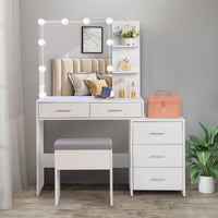 FCH Particleboard Triamine Veneer 5 Pumps 2 Shelves Mirror Cabinet Three Dimming Light Bulb Dressing Table Set White