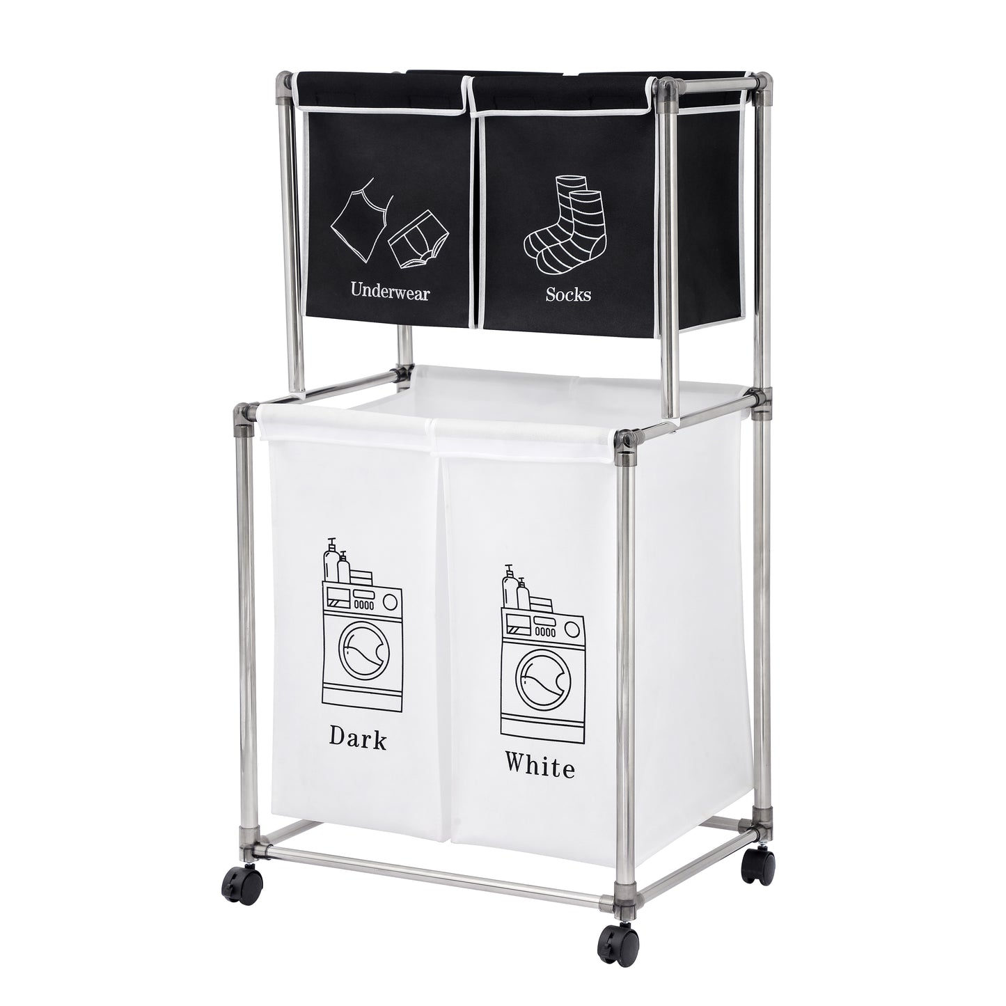 Laundry Hamper 2 Tier Laundry Sorter with 4 Removable Bags for Organizing Clothes,With four wheels for easy movement， Laundry, Lights, Darks