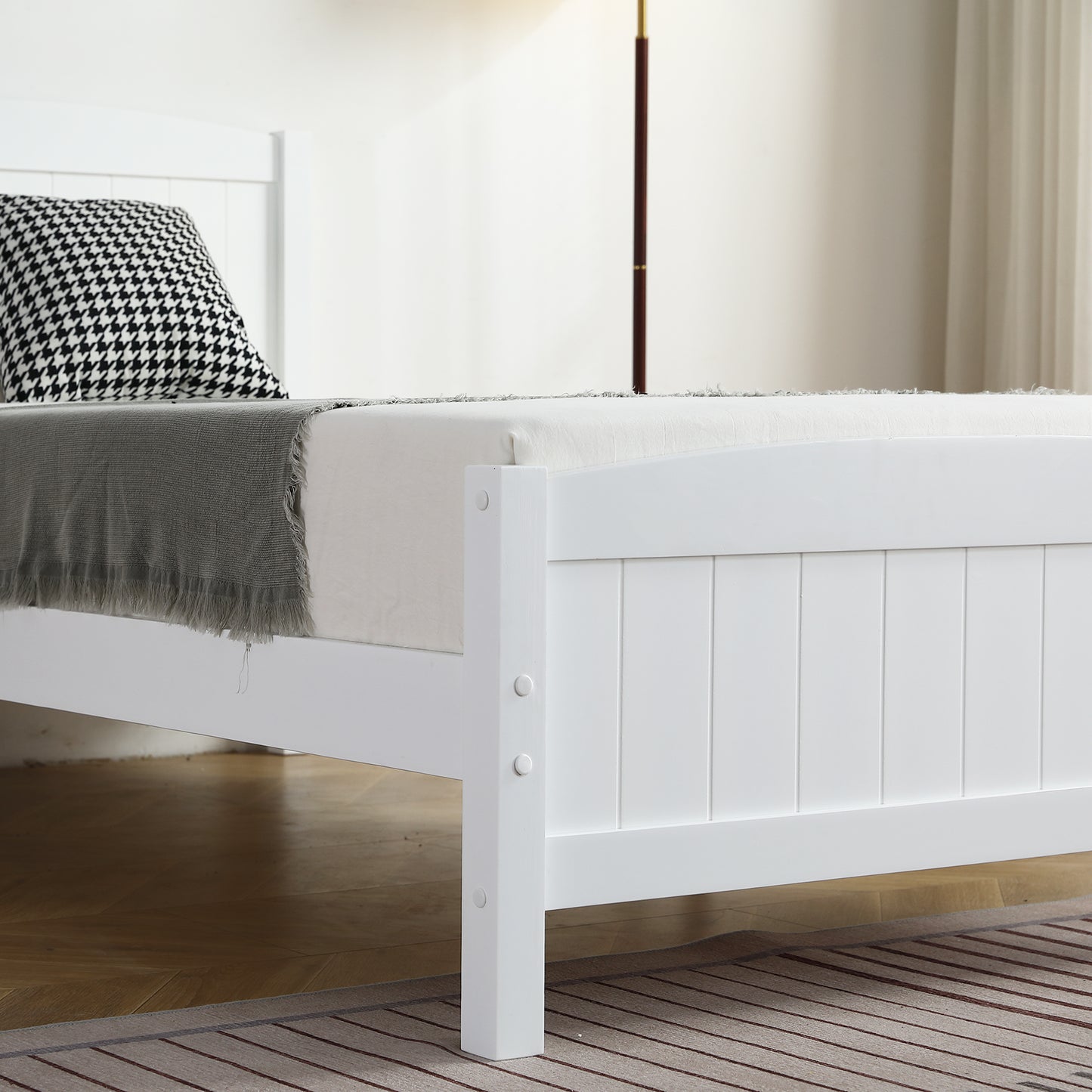 Twin Pine Single-Layer Core Vertical Stripe Full-Board Curved Bed Head With The Same Bed Foot White Wooden Bed(Alternate code: 58465471)