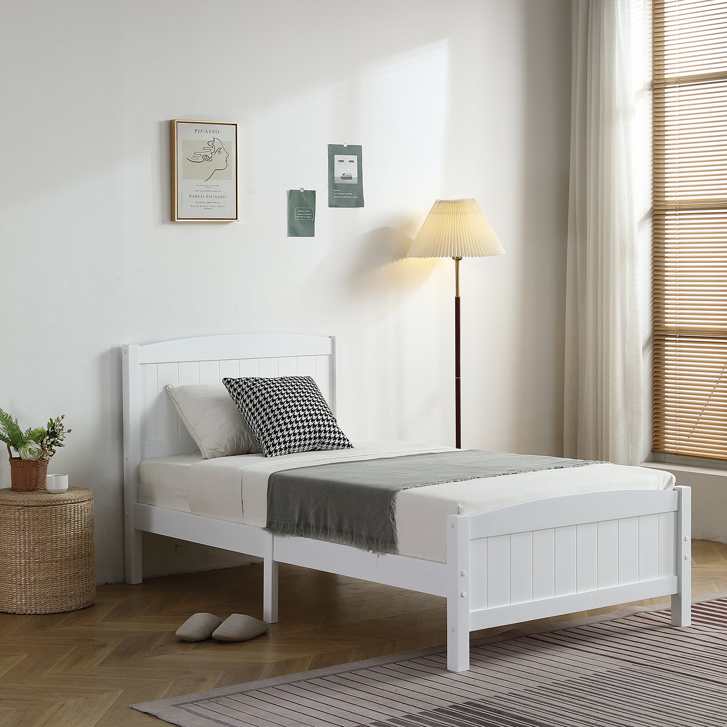 Twin Pine Single-Layer Core Vertical Stripe Full-Board Curved Bed Head With The Same Bed Foot White Wooden Bed(Alternate code: 58465471)