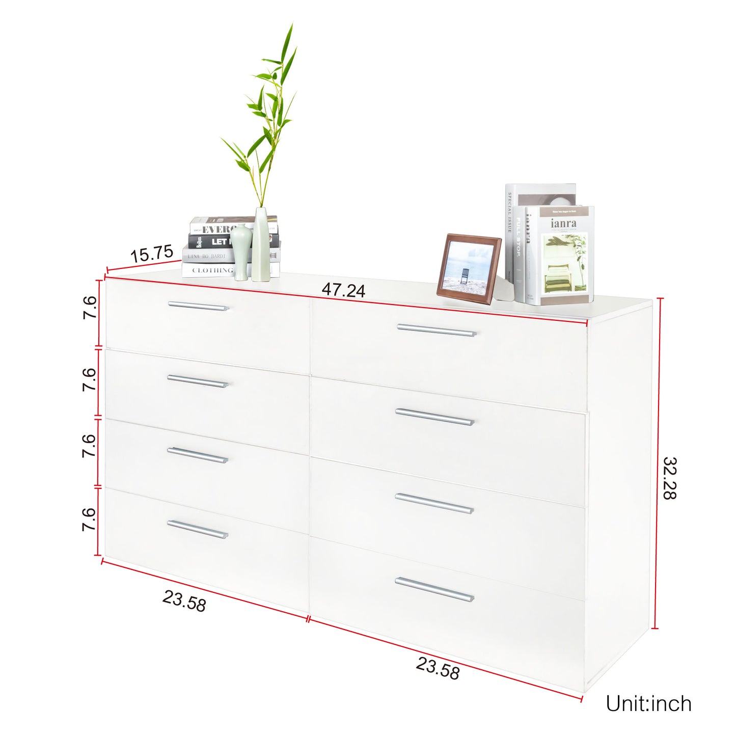 FCH 8 Drawer Double Dresser for Bedroom, Wide Storage Cabinet for Living Room Home Entryway, White