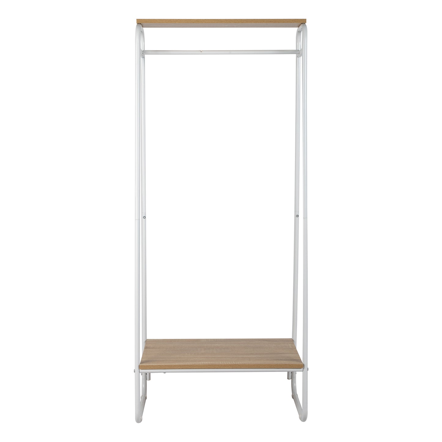 Clothes Rack with Wood Shelf, Freestanding Clothing Rack，Garment Rack, Standing Metal Sturdy Clothing Rack, White