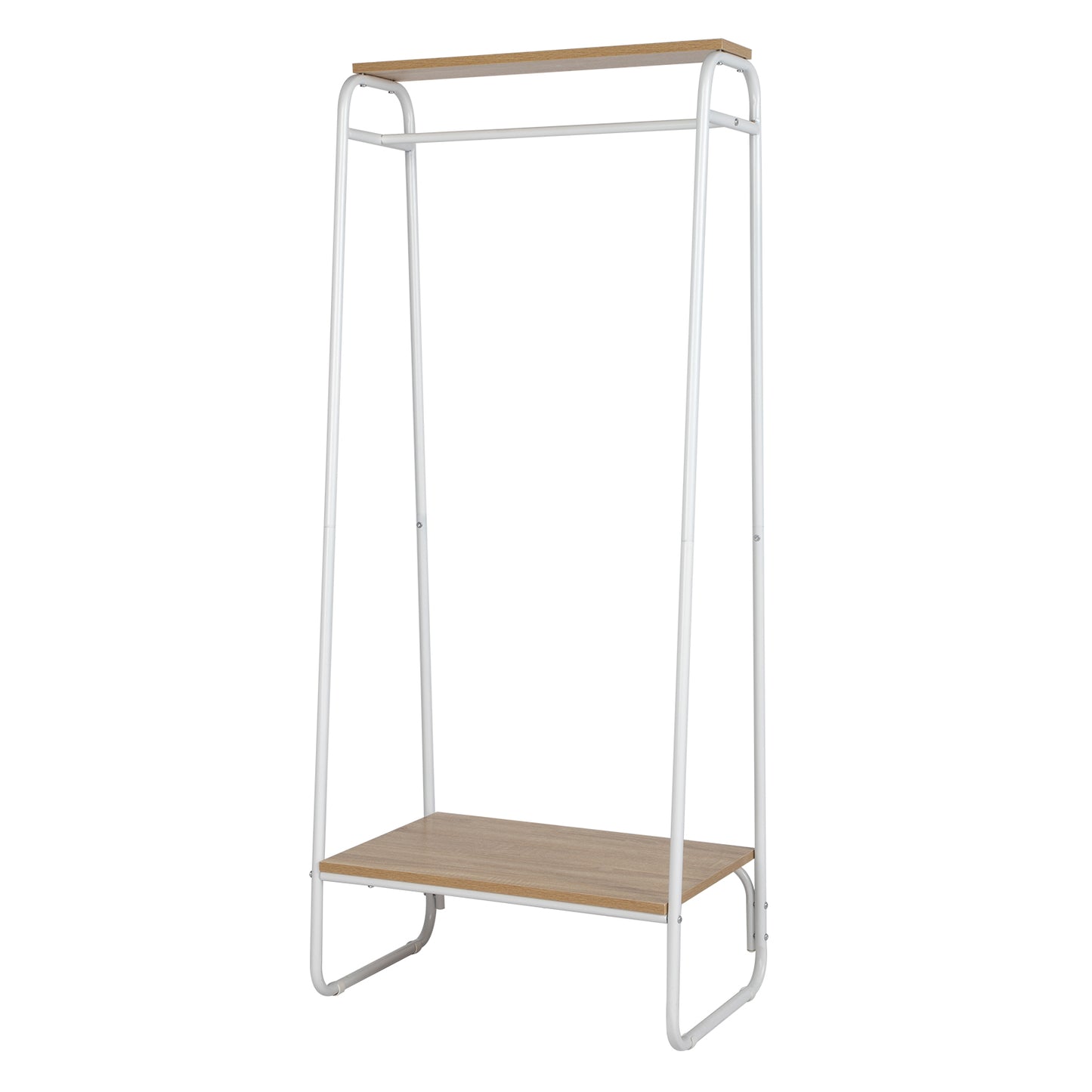 Clothes Rack with Wood Shelf, Freestanding Clothing Rack，Garment Rack, Standing Metal Sturdy Clothing Rack, White