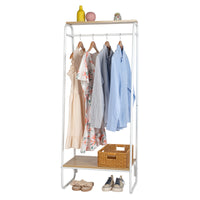 Clothes Rack with Wood Shelf, Freestanding Clothing Rack，Garment Rack, Standing Metal Sturdy Clothing Rack, White