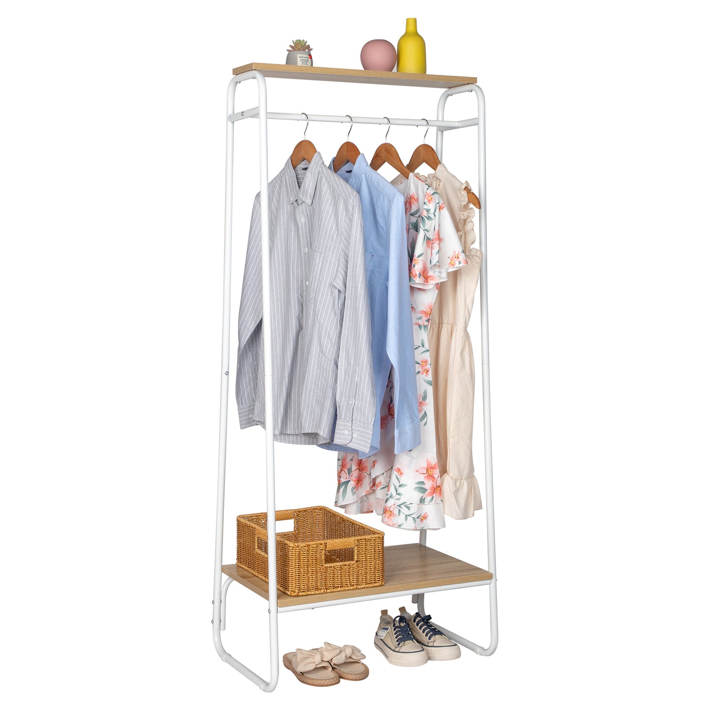 Clothes Rack with Wood Shelf, Freestanding Clothing Rack，Garment Rack, Standing Metal Sturdy Clothing Rack, White