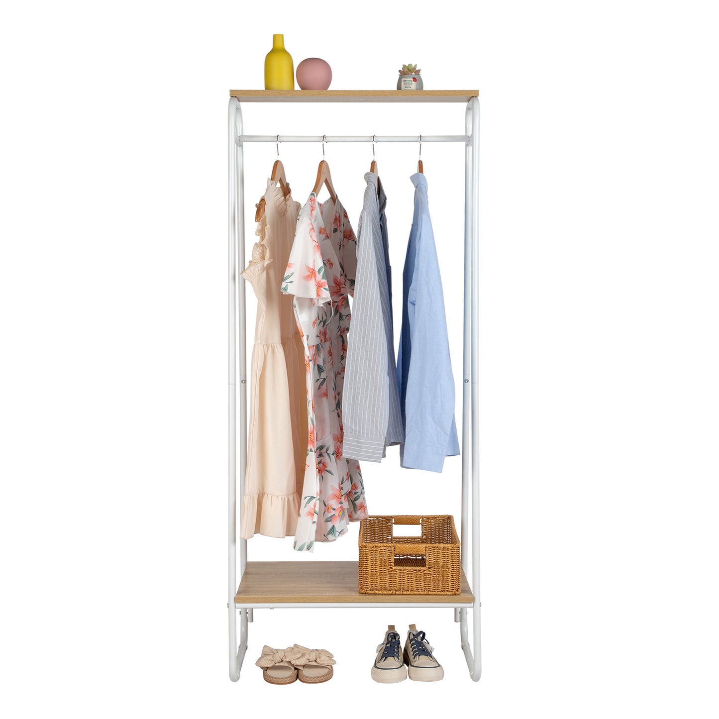 Clothes Rack with Wood Shelf, Freestanding Clothing Rack，Garment Rack, Standing Metal Sturdy Clothing Rack, White