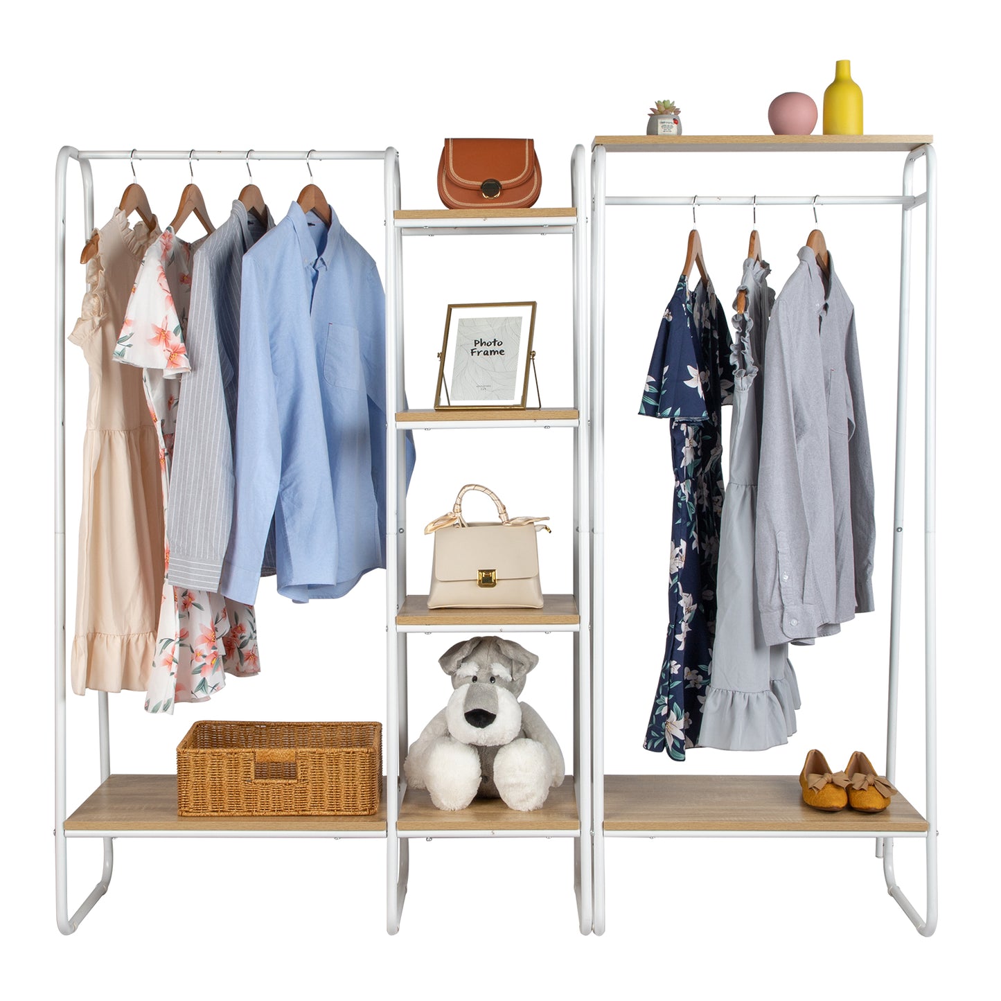 Clothes Rack with Wood Shelf, Freestanding Clothing Rack，Garment Rack, Standing Metal Sturdy Clothing Rack, White