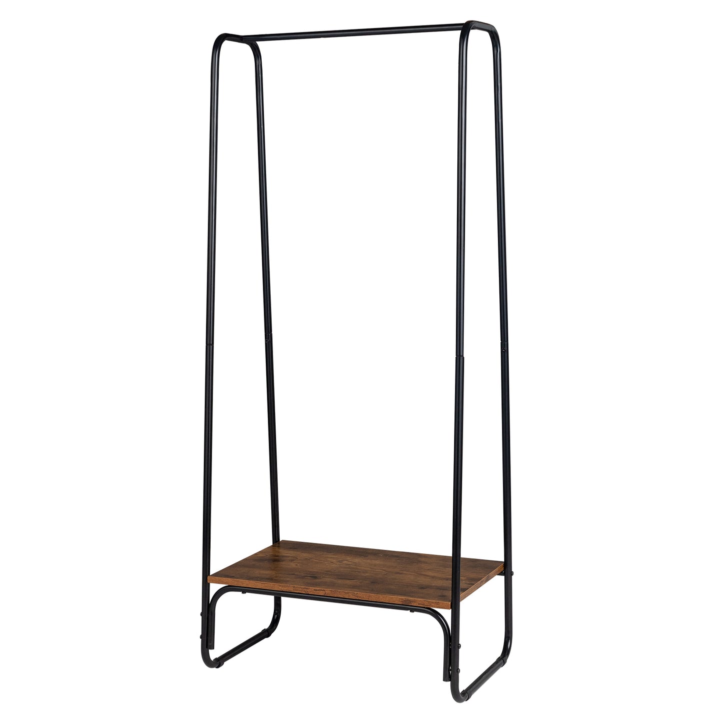 Clothes Rack with Wood Shelf, Freestanding Clothing Rack，Garment Rack, Standing Metal Sturdy Clothing Rack, Black