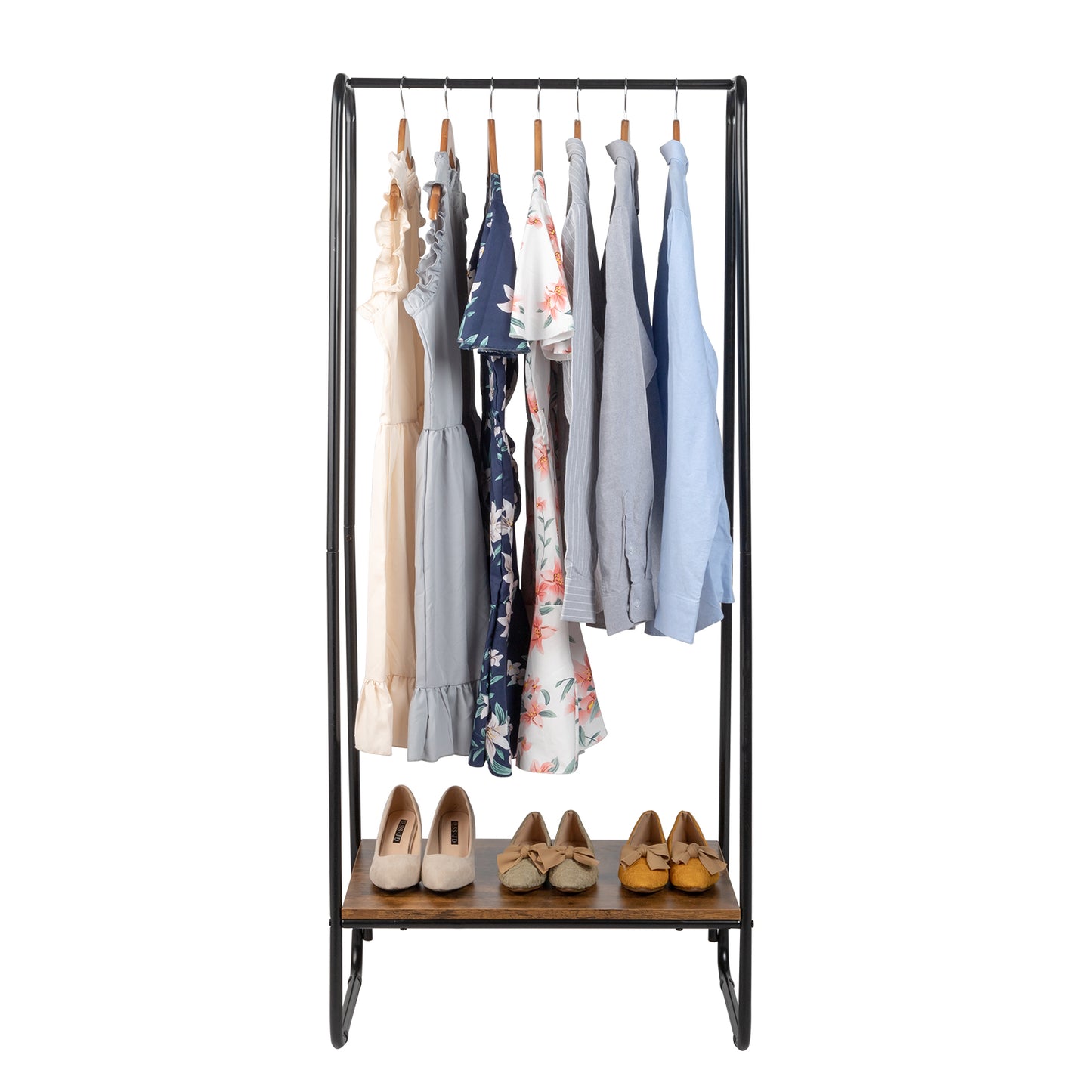 Clothes Rack with Wood Shelf, Freestanding Clothing Rack，Garment Rack, Standing Metal Sturdy Clothing Rack, Black