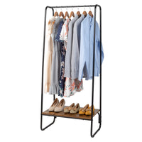 Clothes Rack with Wood Shelf, Freestanding Clothing Rack，Garment Rack, Standing Metal Sturdy Clothing Rack, Black