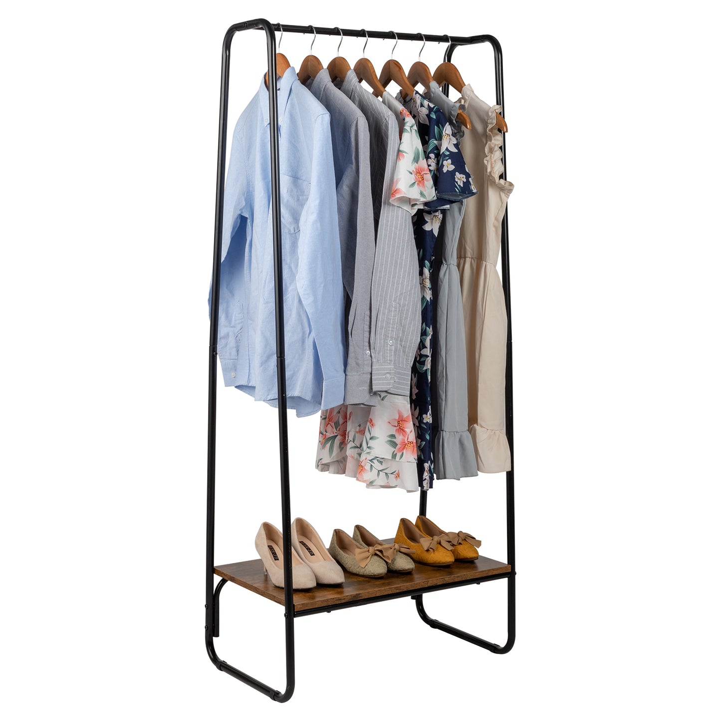 Clothes Rack with Wood Shelf, Freestanding Clothing Rack，Garment Rack, Standing Metal Sturdy Clothing Rack, Black