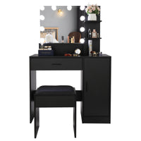 FCH Large Vanity Set with 10 LED Bulbs, Makeup Table with Cushioned Stool, 3 Storage Shelves 1 Drawer 1 Cabinet, Dressing Table Dresser Desk for Women, Girls, Bedroom, Black