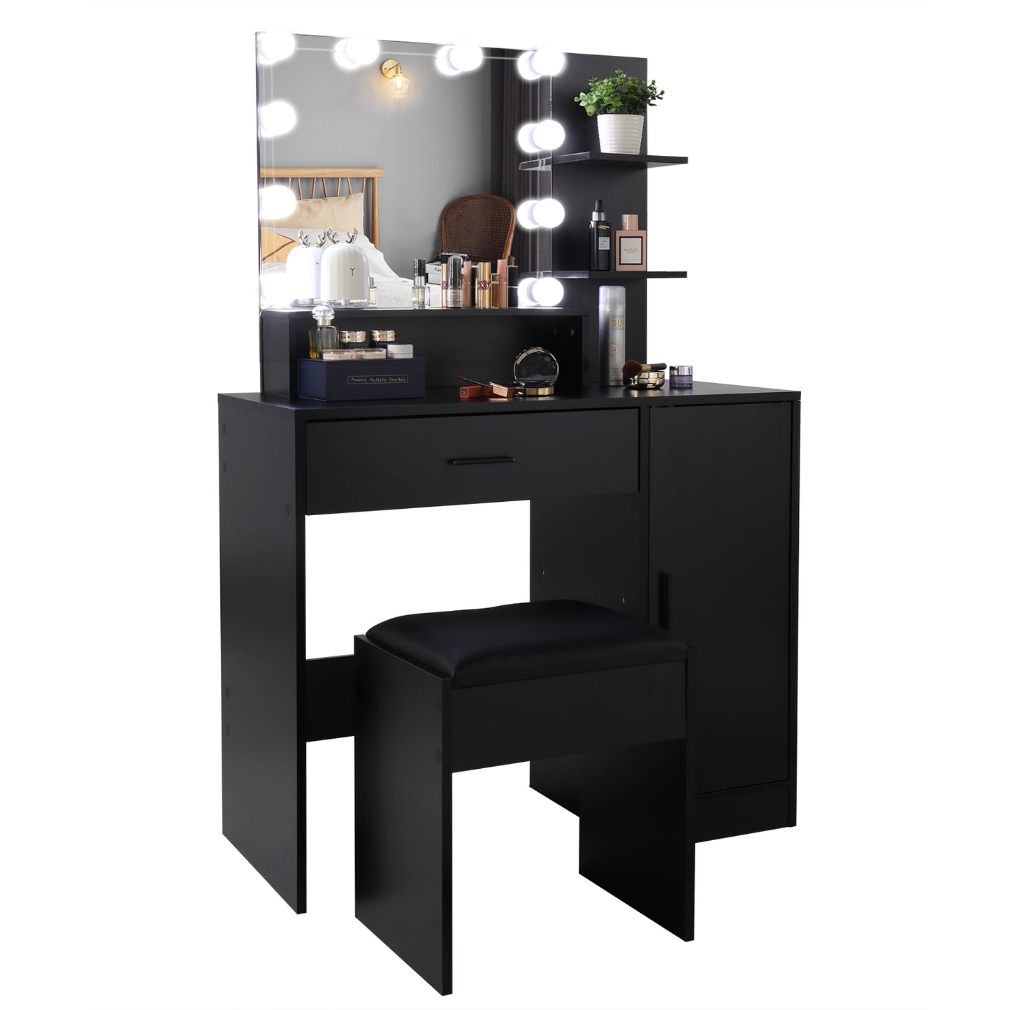 FCH Large Vanity Set with 10 LED Bulbs, Makeup Table with Cushioned Stool, 3 Storage Shelves 1 Drawer 1 Cabinet, Dressing Table Dresser Desk for Women, Girls, Bedroom, Black