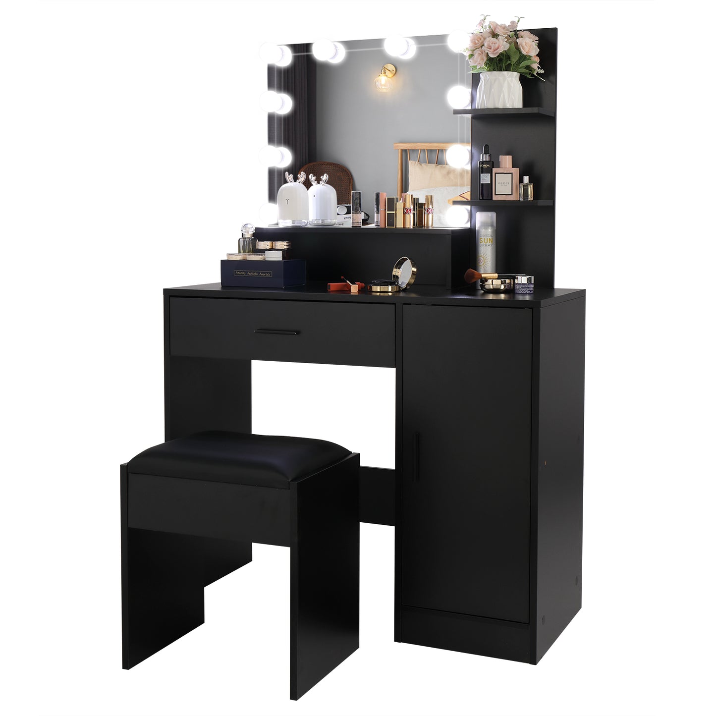 FCH Large Vanity Set with 10 LED Bulbs, Makeup Table with Cushioned Stool, 3 Storage Shelves 1 Drawer 1 Cabinet, Dressing Table Dresser Desk for Women, Girls, Bedroom, Black