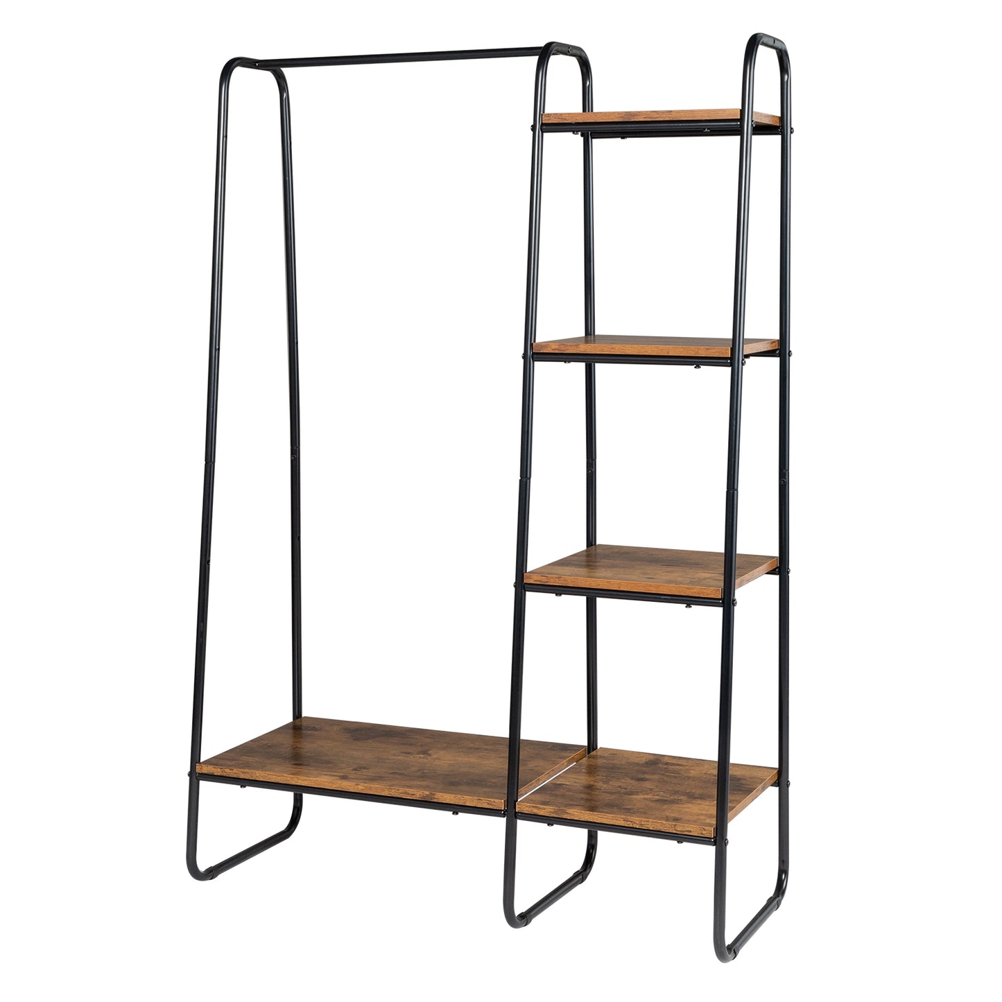 Clothes Rack with 5 Wood Shelf, Freestanding Clothing Rack，Garment Rack, Standing Metal Sturdy Clothing Rack, Black