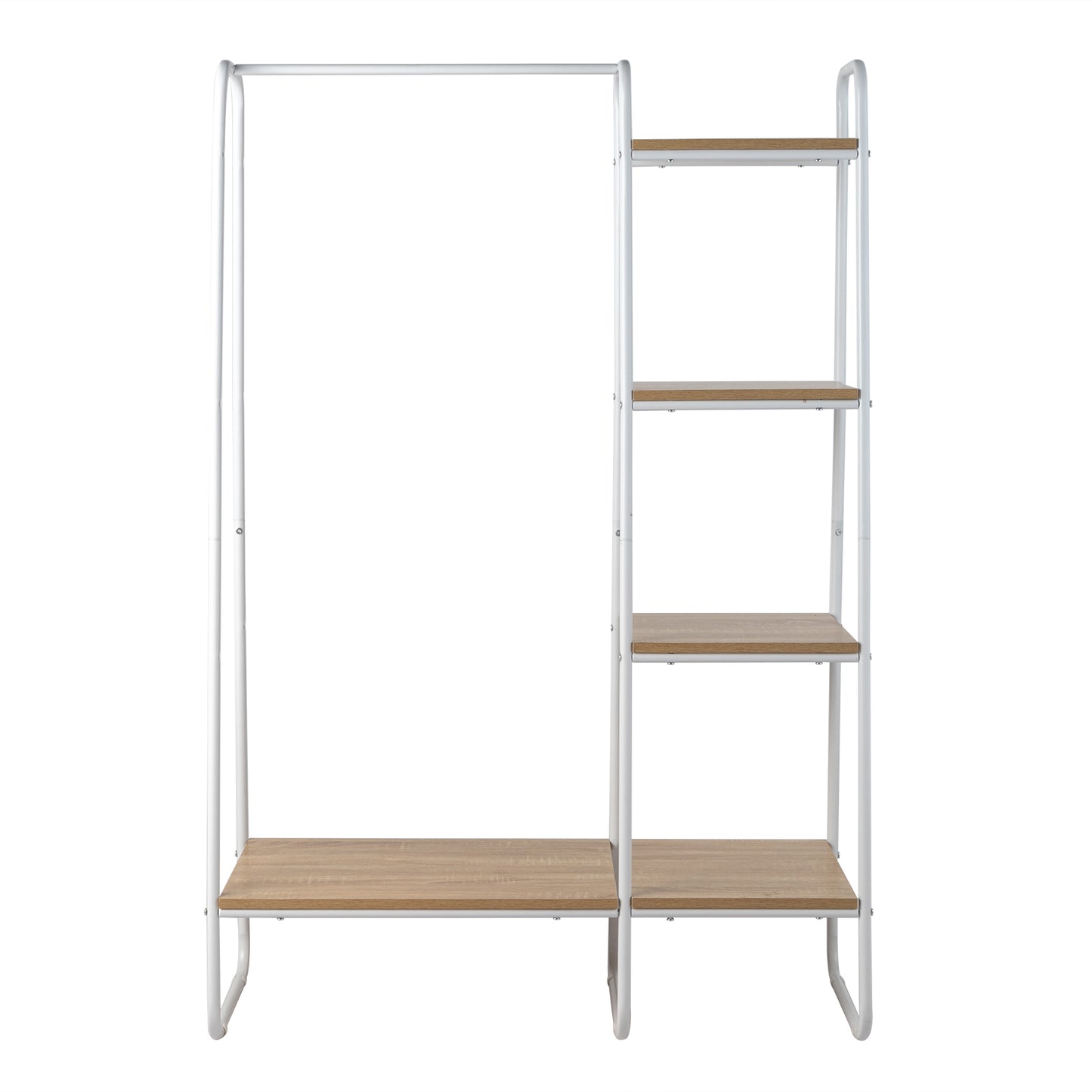 Clothes Rack with 5 Wood Shelf, Freestanding Clothing Rack，Garment Rack, Standing Metal Sturdy Clothing Rack, White