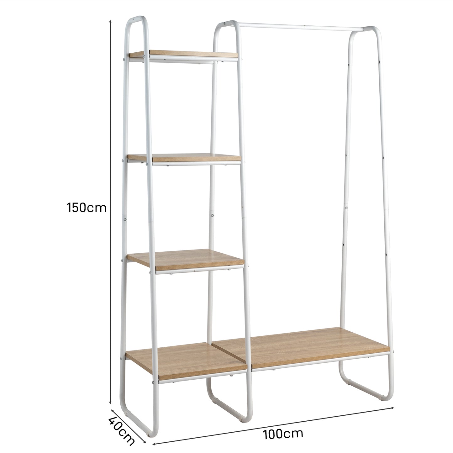 Clothes Rack with 5 Wood Shelf, Freestanding Clothing Rack，Garment Rack, Standing Metal Sturdy Clothing Rack, White