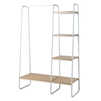 Clothes Rack with 5 Wood Shelf, Freestanding Clothing Rack，Garment Rack, Standing Metal Sturdy Clothing Rack, White