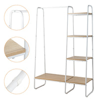 Clothes Rack with 5 Wood Shelf, Freestanding Clothing Rack，Garment Rack, Standing Metal Sturdy Clothing Rack, White