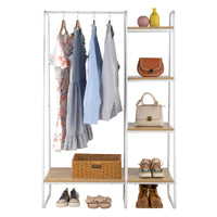 Clothes Rack with 5 Wood Shelf, Freestanding Clothing Rack，Garment Rack, Standing Metal Sturdy Clothing Rack, White