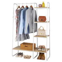 Clothes Rack with 5 Wood Shelf, Freestanding Clothing Rack，Garment Rack, Standing Metal Sturdy Clothing Rack, White