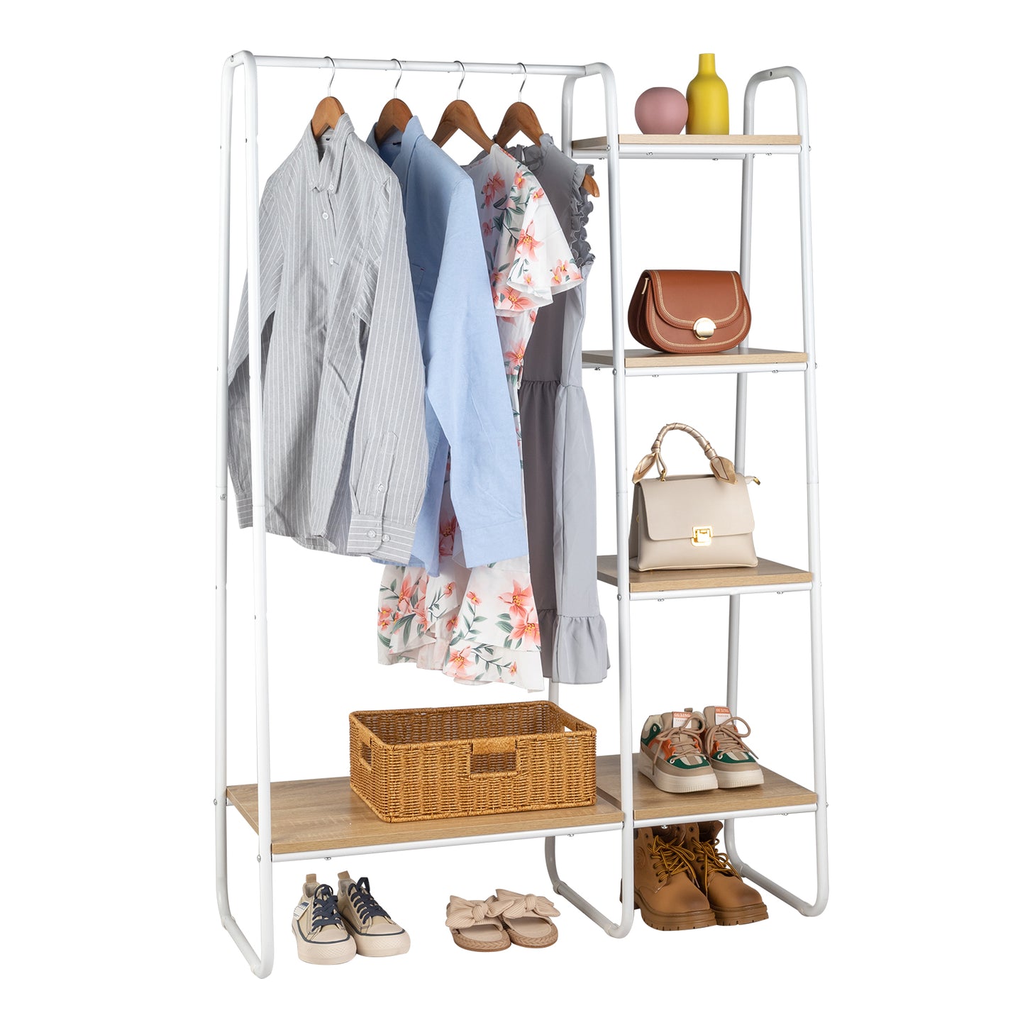 Clothes Rack with 5 Wood Shelf, Freestanding Clothing Rack，Garment Rack, Standing Metal Sturdy Clothing Rack, White