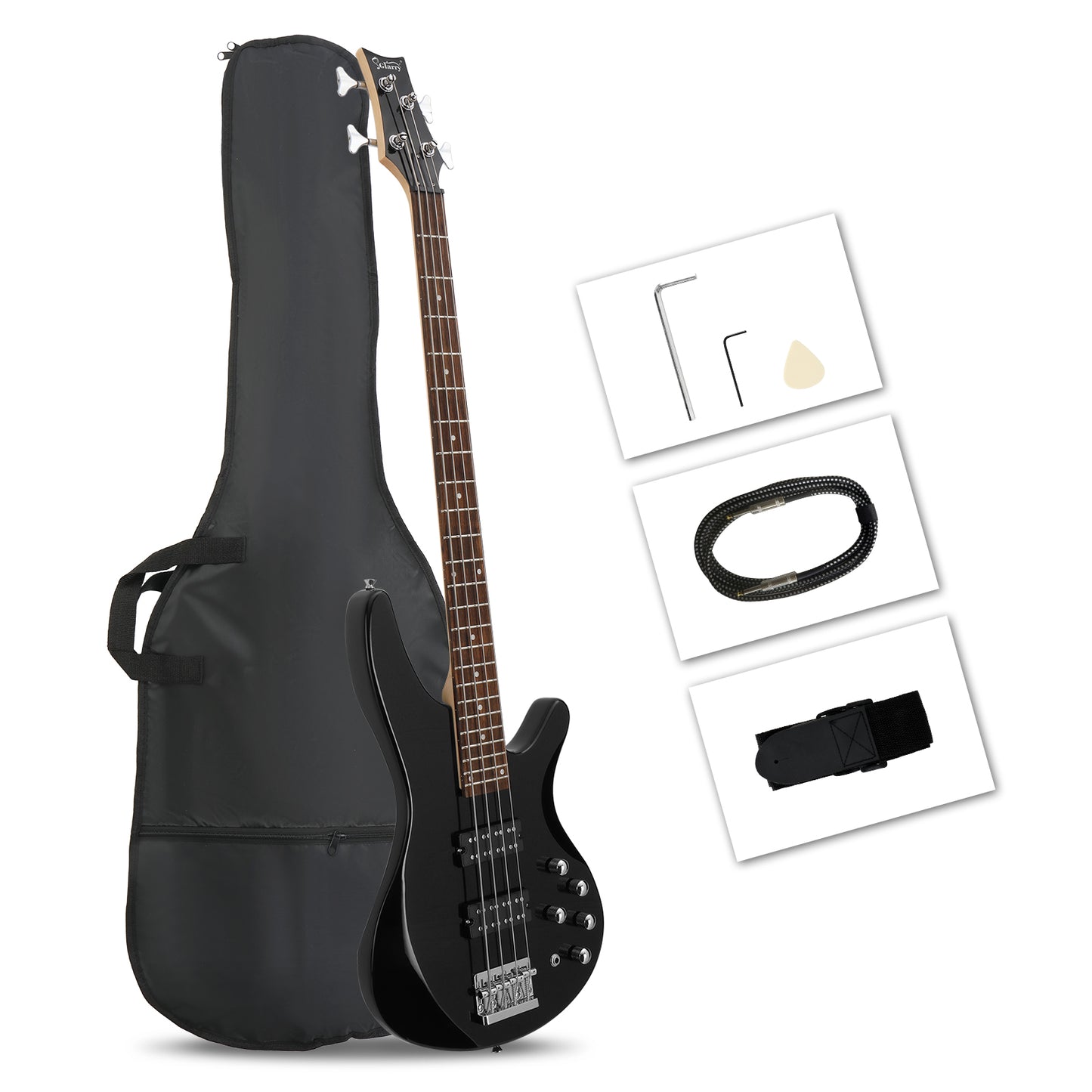 【Do Not Sell on Amazon】Glarry 44 Inch GIB 4 String H-H Pickup Laurel Wood Fingerboard Electric Bass Guitar with Bag and other Accessories Black