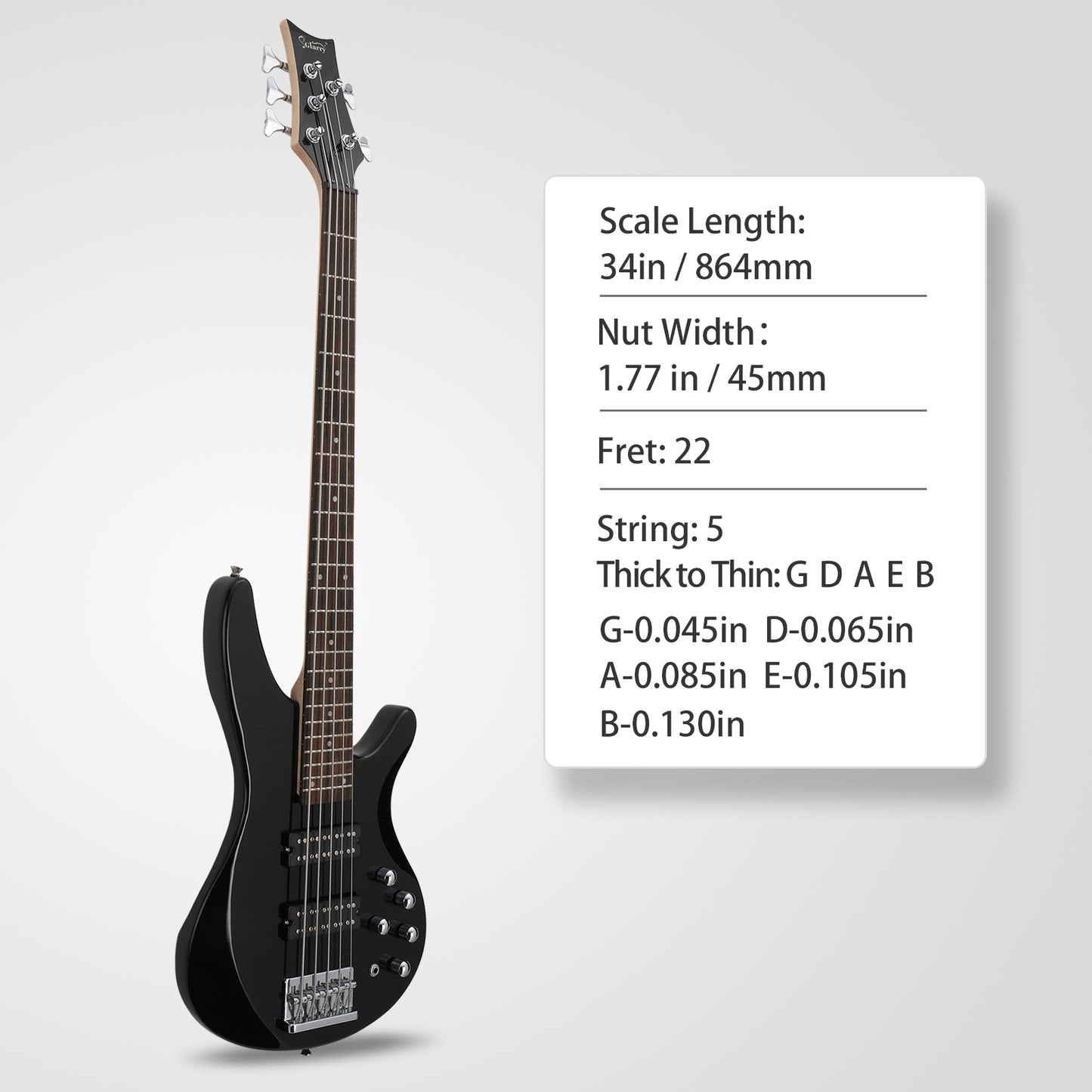 【Do Not Sell on Amazon】Glarry 44 Inch GIB 5 String H-H Pickup Laurel Wood Fingerboard Electric Bass Guitar with Bag and other Accessories Black