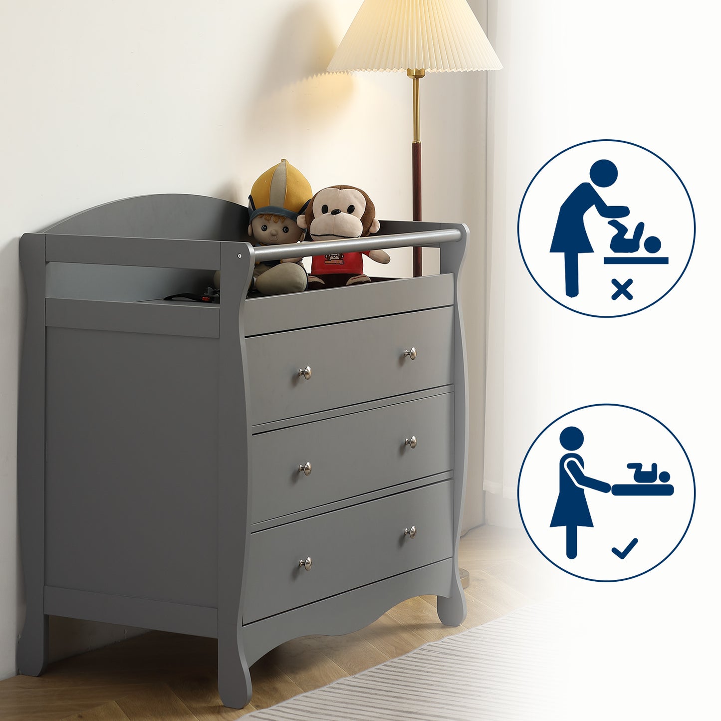 90*58*99cm Three Drawers With Seat Belt Baby Wooden Bed Nursing Table Grey(Replacement code: 84503576)