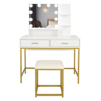 FCH Large Vanity Set with 10 LED Bulbs, Makeup Table with Cushioned Stool, 3 Storage Shelves 2 Drawers, Dressing Table Dresser Desk for Women, Girls, Bedroom, White