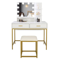 FCH Large Vanity Set with 10 LED Bulbs, Makeup Table with Cushioned Stool, 3 Storage Shelves 2 Drawers, Dressing Table Dresser Desk for Women, Girls, Bedroom, White