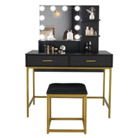 FCH Large Vanity Set with 10 LED Bulbs, Makeup Table with Cushioned Stool, 3 Storage Shelves 2 Drawers, Dressing Table Dresser Desk for Women, Girls, Bedroom, Black