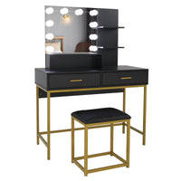 FCH Large Vanity Set with 10 LED Bulbs, Makeup Table with Cushioned Stool, 3 Storage Shelves 2 Drawers, Dressing Table Dresser Desk for Women, Girls, Bedroom, Black