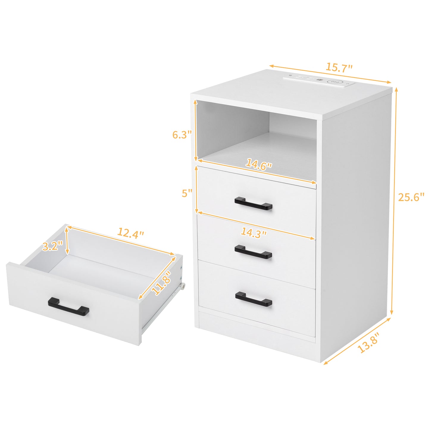 FCH 40*35*65cm Particleboard Pasted Triamine Three Drawers With Socket With LED Light Bedside Table White