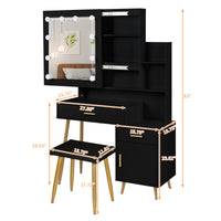 FCH Particleboard Triamine Veneer 2 Drawers 1 Door 2 Shelves Mirror Cabinet 3 Light Bulbs Dressing Table Set Black