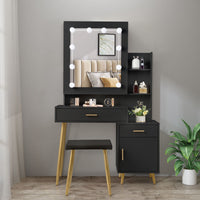 FCH Particleboard Triamine Veneer 2 Drawers 1 Door 2 Shelves Mirror Cabinet 3 Light Bulbs Dressing Table Set Black