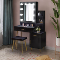 FCH Particleboard Triamine Veneer 2 Drawers 1 Door 2 Shelves Mirror Cabinet 3 Light Bulbs Dressing Table Set Black