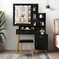 FCH Particleboard Triamine Veneer 2 Drawers 1 Door 2 Shelves Mirror Cabinet 3 Light Bulbs Dressing Table Set Black