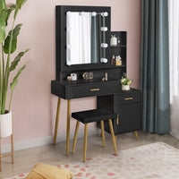 FCH Particleboard Triamine Veneer 2 Drawers 1 Door 2 Shelves Mirror Cabinet 3 Light Bulbs Dressing Table Set Black