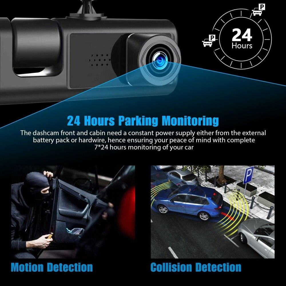 Car Dual Lens Dash Cam HD 1080P Front/Rear/Inside Video Recorder Camera G-sensor