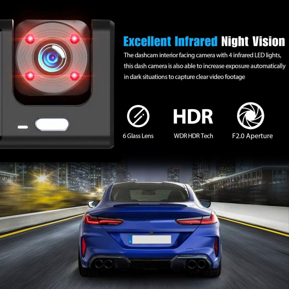 Car Dual Lens Dash Cam HD 1080P Front/Rear/Inside Video Recorder Camera G-sensor