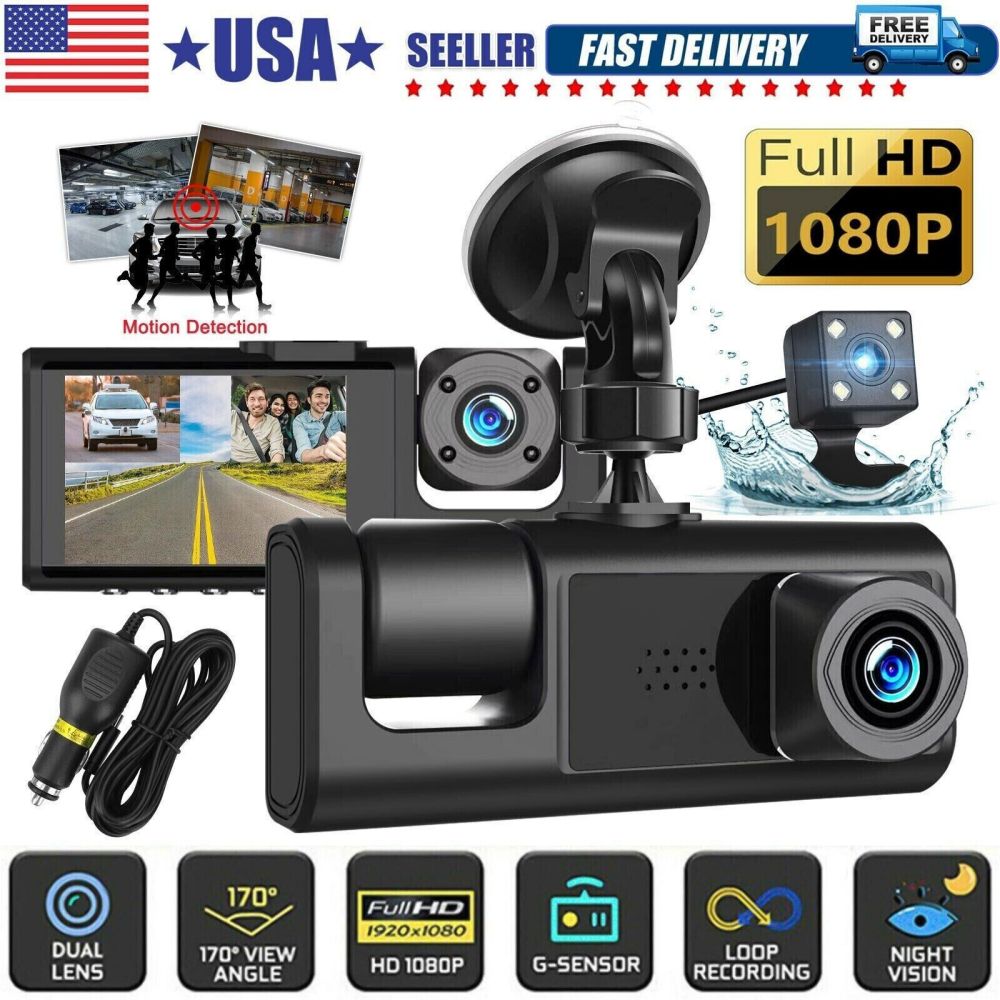 Car Dual Lens Dash Cam HD 1080P Front/Rear/Inside Video Recorder Camera G-sensor