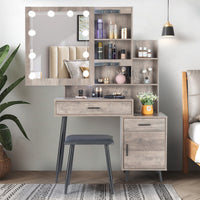 FCH Particleboard Triamine Veneer Iron Legs 2 Drawers 1 Door 2 Shelves Mirror Cabinet 3 Light Bulbs Dressing Table Set Grey