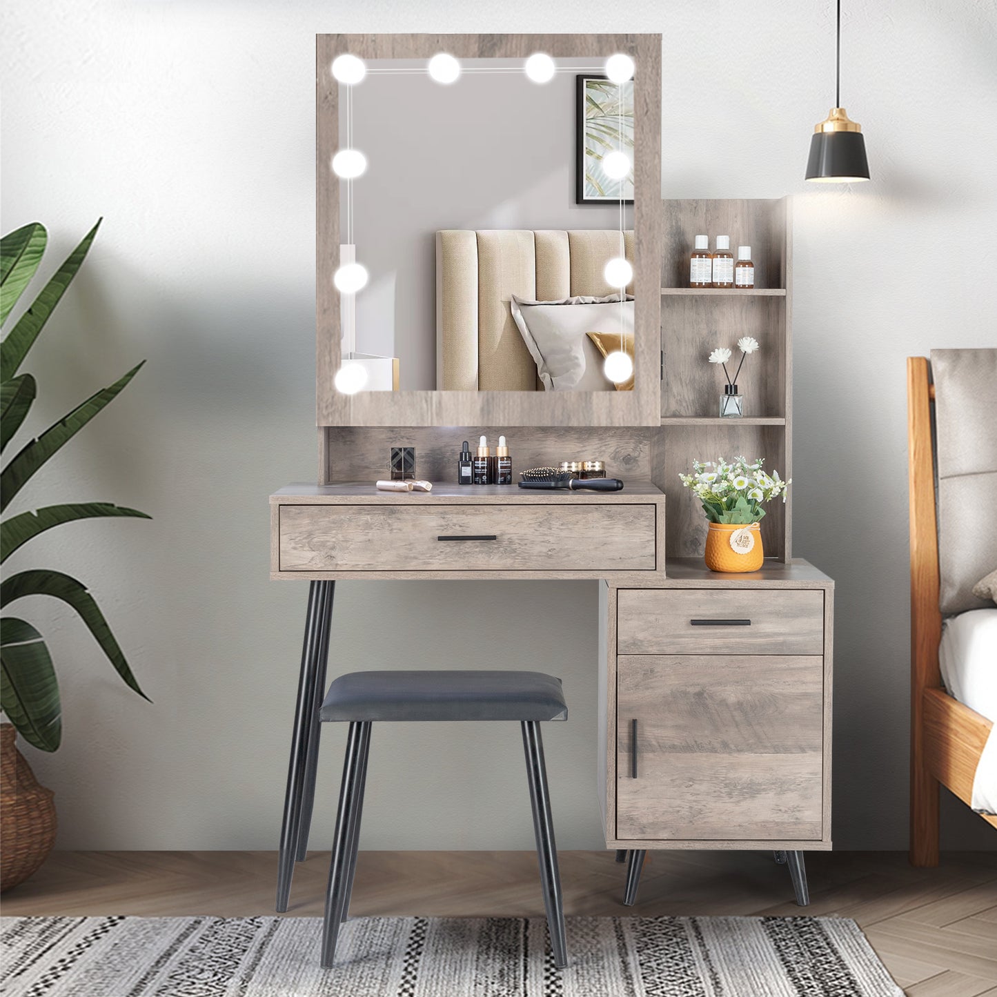 FCH Particleboard Triamine Veneer Iron Legs 2 Drawers 1 Door 2 Shelves Mirror Cabinet 3 Light Bulbs Dressing Table Set Grey